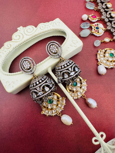 Victorian Polki Kundan Fusion Necklace Set | Semi-Precious Stones | Metal Work | Gold Plated | Free Shipping | Ships from California